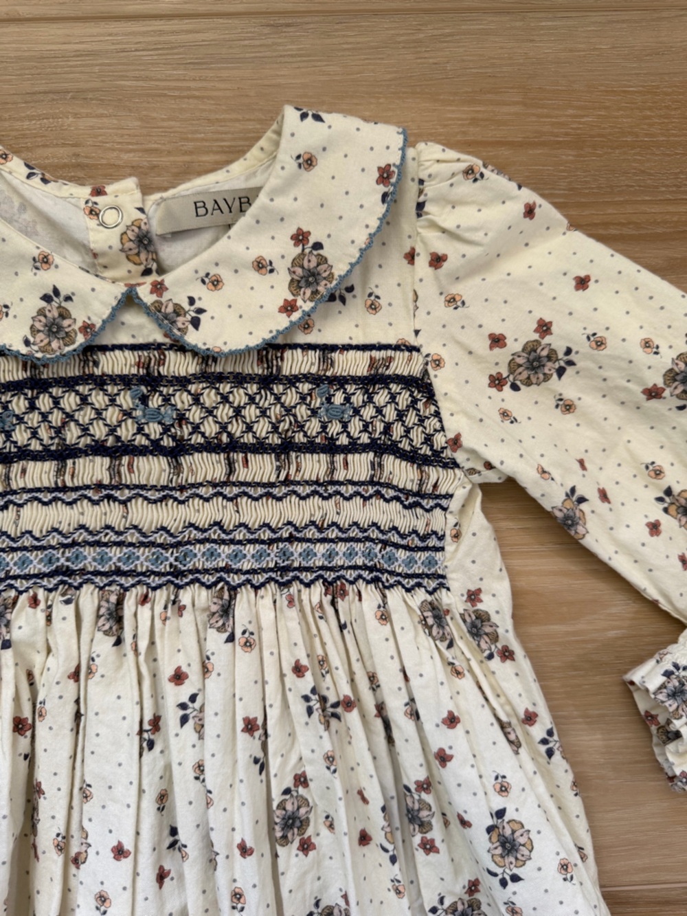 BAYBEE Cream Floral Smocked Long-Sleeve Kids Dress - Picture 2 of 10
